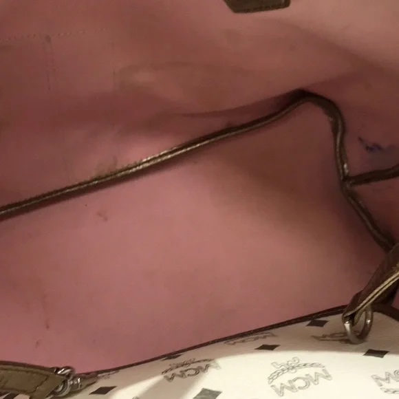 MCM Tote Bag White Logo Visetos Canvas Leather Trim Shoulder Bag - Picture 10 of 16